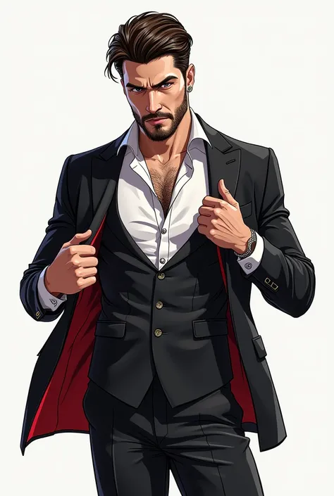 Hot handsome vampire with short hair and beard taking off his full suit colored line art clean 