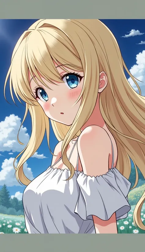 1 anime 18 years girl, blonde hair, brilliant light blue eyes, fringe reparted in three parts, detailed face, good quality, anime style, simple white dress