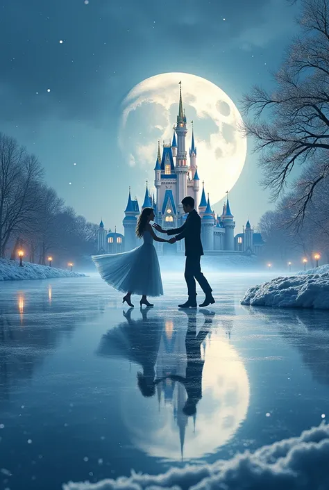 (8k, Highest quality, masterpiece)，Double Exposure, silhouette, (, A tranquil frozen lake, a man and a woman ice dancing,, ), , Moonlit Night, Cinderella Castle, Outdoor, 