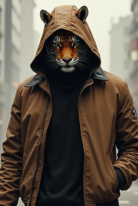 a man with a tiger mask and a brown bomber jacket with a small t in the left corner 