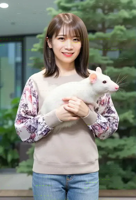 A cheerful real girl stands with her whole body 、 holding a giant white live mouse in her hands.   High Quality .   realistic pictures. abnormal