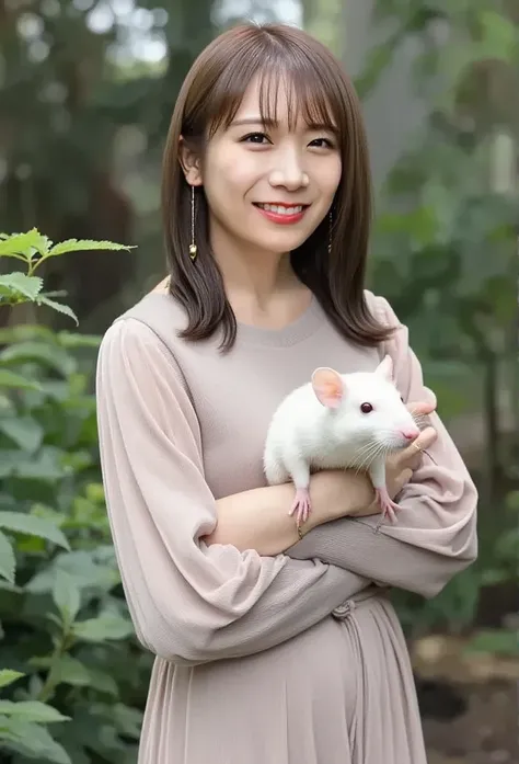 A cheerful real girl stands with her whole body 、 holding a giant white live mouse in her hands.   High Quality .   realistic pictures. abnormal