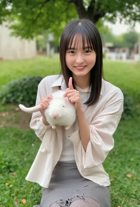 A cheerful real girl stands with her whole body 、 holding a giant white live mouse in her hands.   High Quality .   realistic pictures. abnormal