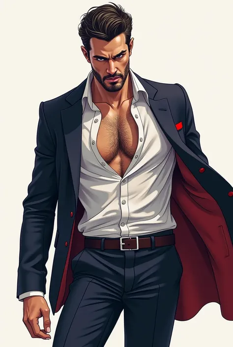 Hot handsome vampire with short hair and beard taking off his full suit colored line art clean 