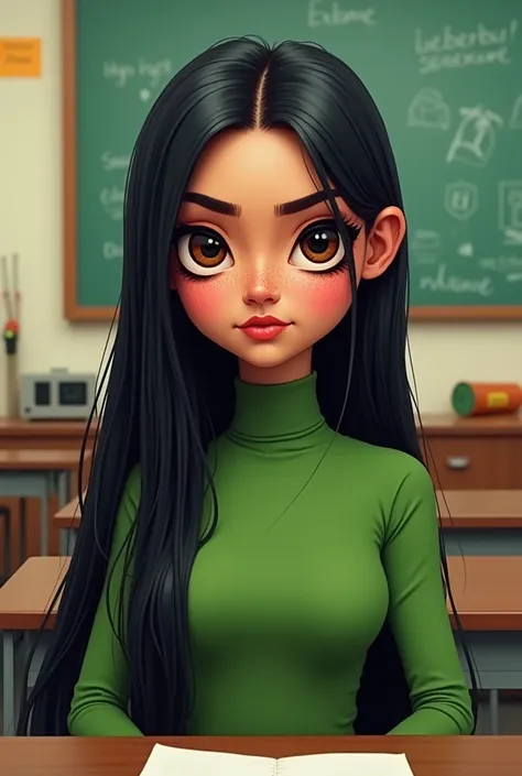 Cartoon ugly woman of small stature indigenous brunette with a scar on her lip, green long sleeve turtleneck blouse , very long straight black hair, sitting in class, he would be