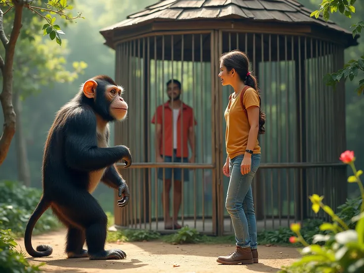 In the zoo, there is a large cage with a man and a woman inside. In front of the cage, there is a monkey wearing casual clothes, leading his wife and , standing and looking excitedly. High-resolution image.