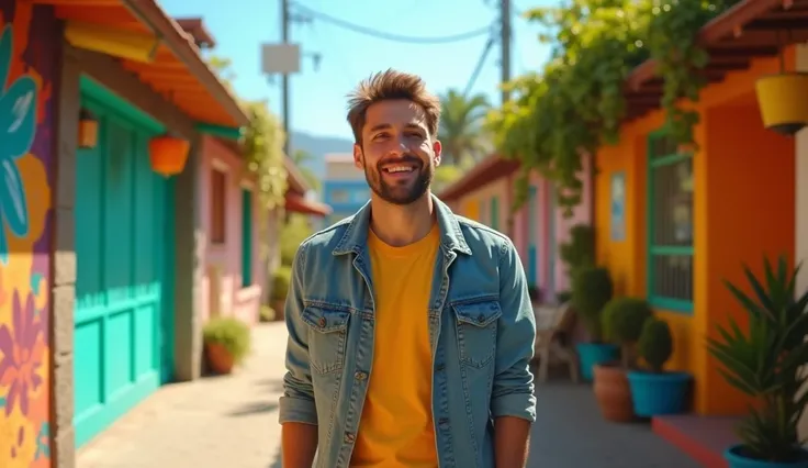  A vibrant and realistic scene of a man in a daily vlog setting, walking through a colorful urban street with realistic shadows and dynamic lighting. The man is casually dressed, smiling naturally as he interacts with the camera, with soft sunlight creatin...