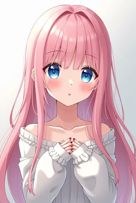 Cute girl with light pink hair, long hair, bright blue eyes, natural white skin, a cute personality, shy, attentive and peaceful, hates chaos, is loved by everyone anime sex 