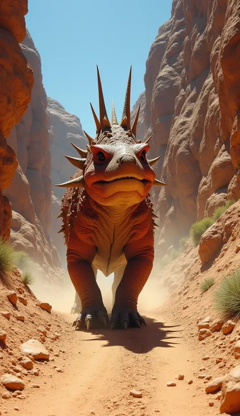 A Sauropelta covered in thick, knobby armor plates and sharp, bony spikes walks cautiously through a dry, rocky canyon. Its hide is mottled with earthy reds and browns, perfectly camouflaged against the jagged sandstone cliffs. Dust swirls around its sturd...