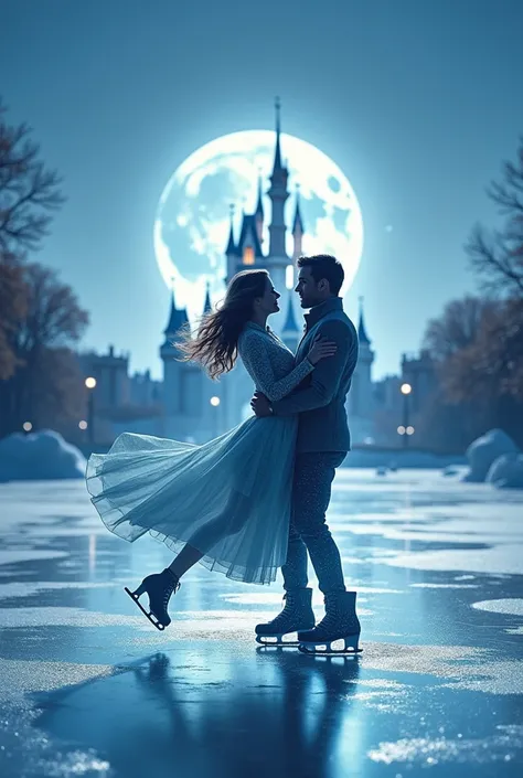 (8k, Highest quality, masterpiece)，Double Exposure, (silhouette), ice skating, (, A tranquil frozen lake, a man and a woman ice dancing,, ), The wind blows the dress and the skirt spreads out., Moonlit Night, Cinderella Castle, Outdoor, 