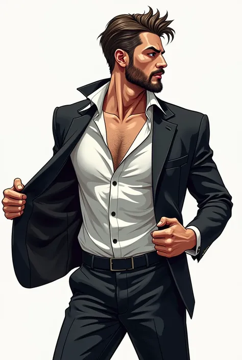 Hot handsome vampire with short hair and beard taking off his full suit colored line art clean 