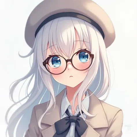 Anime girl White longhair glasses blue eyes Beret hat cute