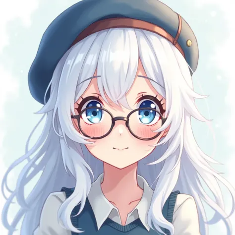 Anime girl White longhair glasses blue eyes Beret hat cute