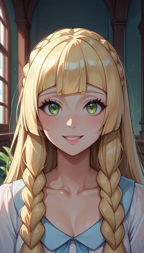  1 girl, Lillie  ( Pokémon), score_9, score_8_up, score_7_up, score_6_up,  source_Anime,  beautiful face,  expressive eyes, looking at viewer, Alone, close-up, indoor, scenery, Dramatic lighting, Anime screencap,  charming smile 、 super huge tits、naked、nsf...