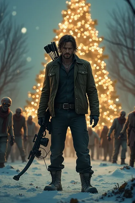 Daryl dixon from walking dead with zombies but in christmas season with christmas tree