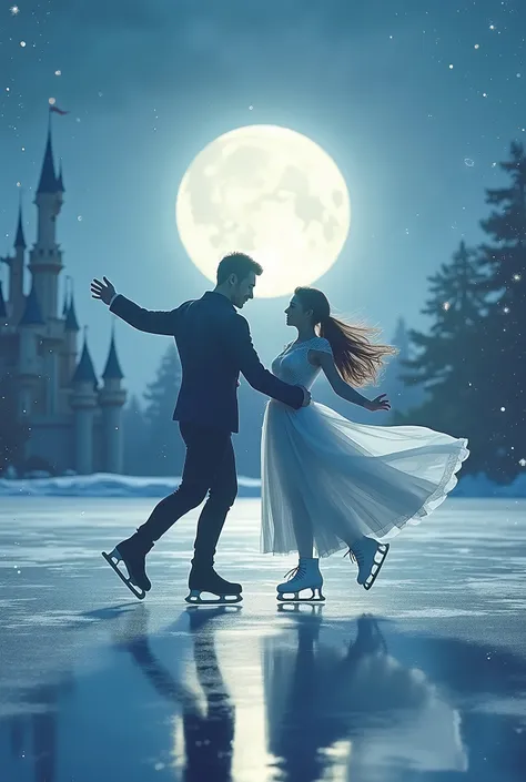 (8k, Highest quality, masterpiece)，Double Exposure, (silhouette), ice skating, (, A tranquil frozen lake, a man and a woman ice dancing,, ), The wind blows the dress and the skirt spreads out., Moonlit Night, Cinderella Castle, Outdoor, 