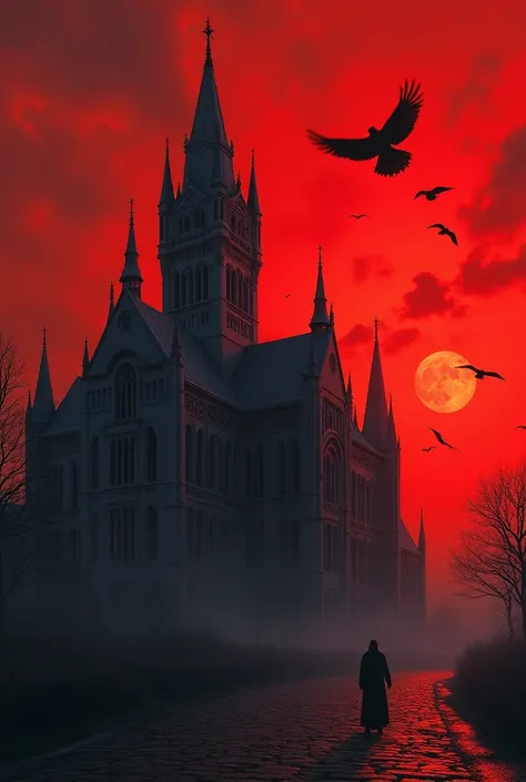 Big hystoric building, gothic, red sky, black birds