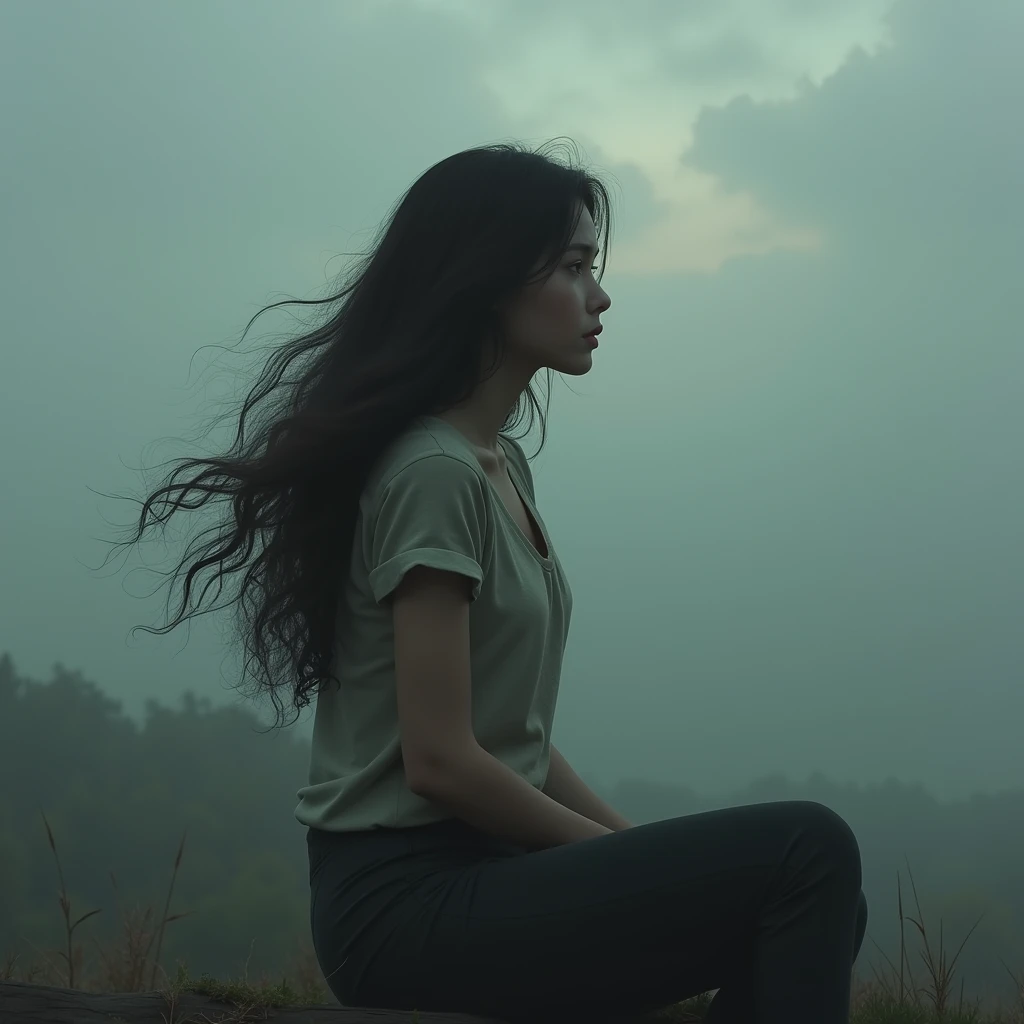 Woman with long black hair, Sitting sideways looking at the horizon on a cloudy and foggy day