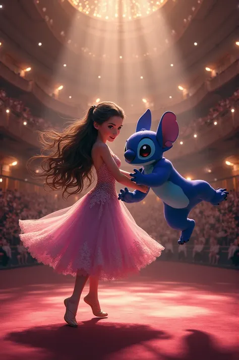 Le prénom Maëlya qui danse avec Stitch de disney dans une salle de spectacle