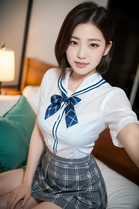 (A stunning Japanese-Korean lady, sitting comfortably in dark bedroom at night, natural pose, wearing a traditional Serafuku, Seifuku, tight white shirt, white blouse button-down, translucent short-sleeve, blue plaid skirt, form-fitting pleated skirt, red ...