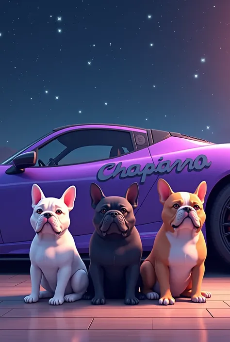 Four English bugdog dogs sitting on the floor one white one black and two brown with dark purple sports car behind with the name Chaparro in large letters in the sky dark background with bright stars 3d anime 