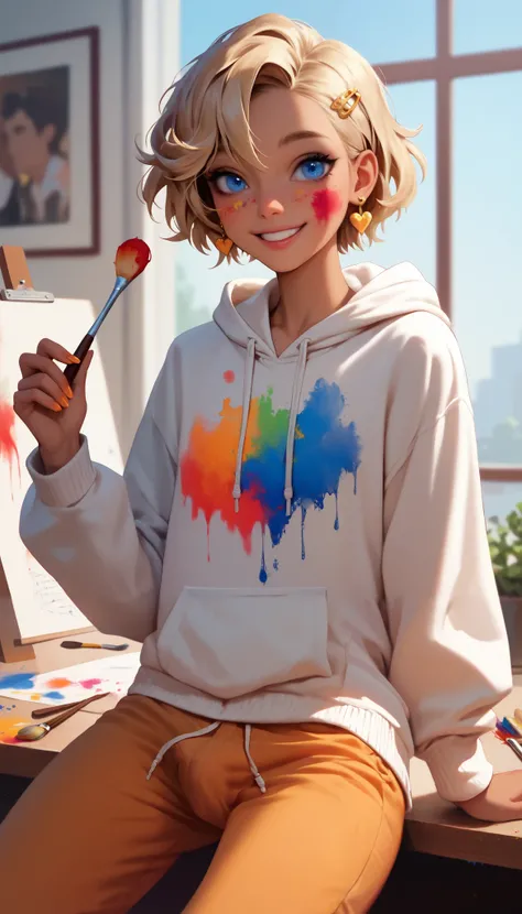 hyperrealistic, detailed face, toned blonde femboy, blue eyes, slim, male, feminine touch, blond open short hair, tanned, long golden earrings, hairpin, smiling broadly, sitting at a desk, brush painting tabletop miniatures, paintbrush in his fingers, loos...