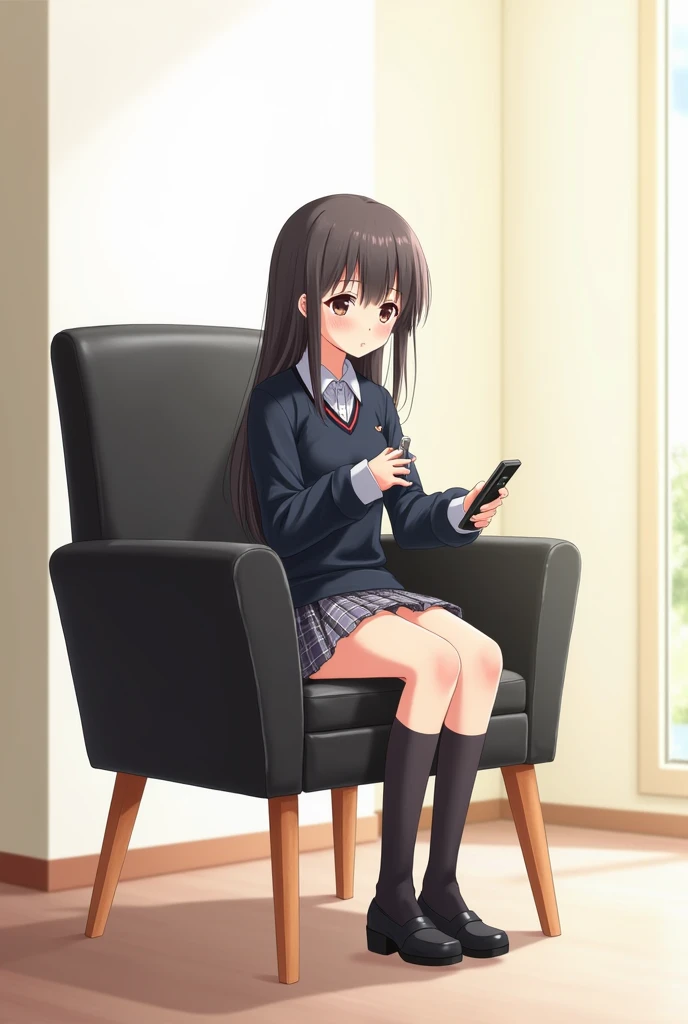 An anime-style illustration of a girl sitting in a black leather dining chair with wooden legs.  She wears a school uniform that includes a dark jacket and a plaid skirt ,  while holding a black television remote control in her hands .  The background is m...