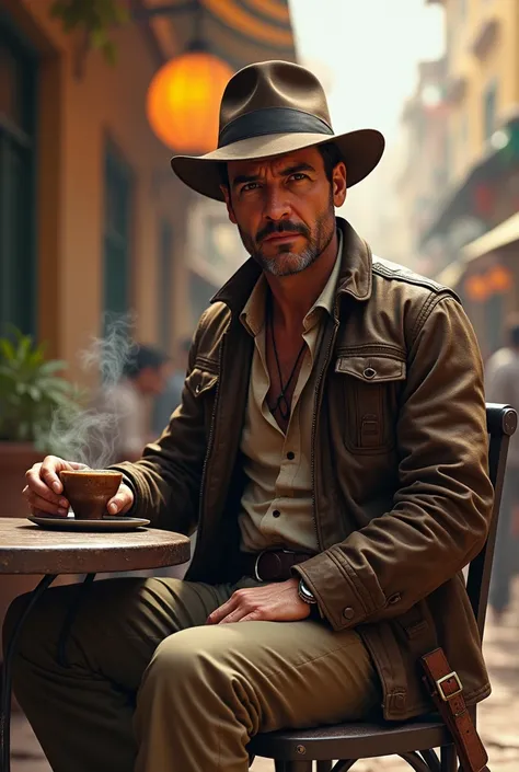 Indiana Jones drinking coffee 