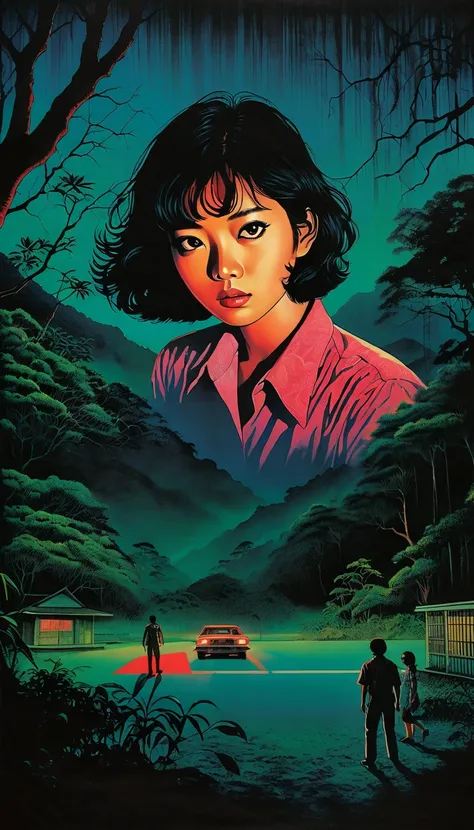 illustration、art、 80s Thai Horror Movie Poster, Curated by Junji Ito 、( high school students :1.0)、evening、、Pay attention to details, Realistic shadow、 Analog Style ,  Color Discrepancy , Surrealism、 Complementary Grading 