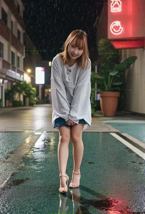 masterpiece,  top quality,  viewers who stop at the edge, opposite, Bare legs,  1 girl, Alone,  upper body, bow, Sera Clothing, Face showing disgust , night, Heavy Rain,  outdoor, city,  crop top, belly button,  Wet Close ,  wet, Too long sleeves, Put your...