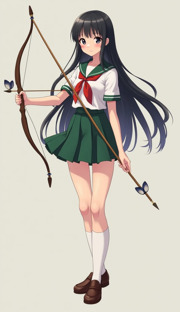 masterpiece、 top quality 、More detailed、More precise、HDR、8k、 1 high school girl 、 holds a bow and arrow、 long black hair、 sailor suit、 Red Ribbons 、 green miniskirt、Exposed thighs、White socks、 brown loafers 