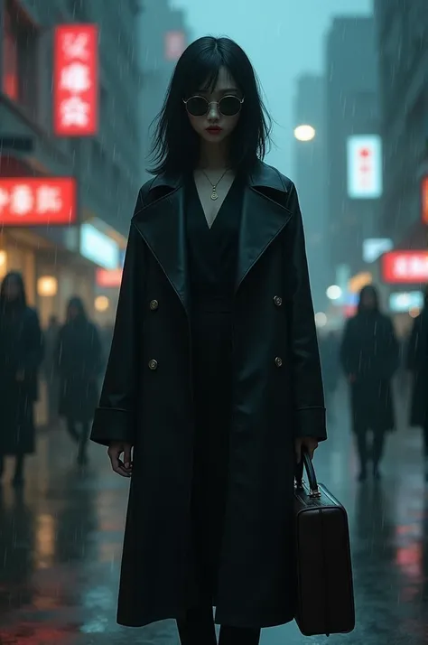  Create a woman standing on a street in town. Asian. large. slim.  medium length black straight hair.  sunglasses with round , black lenses .  Holds a black briefcase .  Black long closed raincoat .
 She has vampire teeth . 
 Im background people walking t...