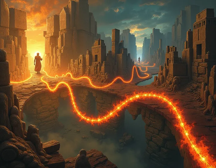 "A visual timeline ,  starting with biblical scrolls and moving on to depictions of Greek Hades and Norse Hel,  all connected by flaming chains ."