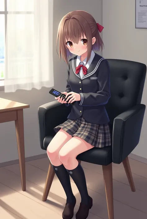 An anime-style illustration of a teenage girl sitting in a black leather dining chair with wooden legs. She wears a school uniform that includes a dark jacket and a plaid skirt.,  while holding a black television remote control in her hands .  The backgrou...