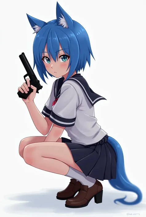 Blue haired anime with ears squatting, short hair, long hair, schoolgirl dress, big boobs, holding a pistol in one hand, holding a handgun, holding her face