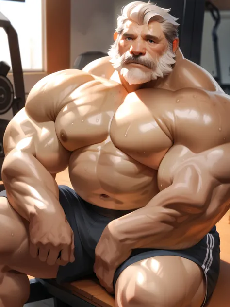 solo, 1boy, Muscular Old man, wide shoulder, pectoral, thick arms, huge pectoral, look at viewer, wide pectoral, sitting on gym, short white hair, detailed eyes, shorts, sweat, shirtless, masterpiece, semirealistic:1.2, high detailed, 8k, high resolution