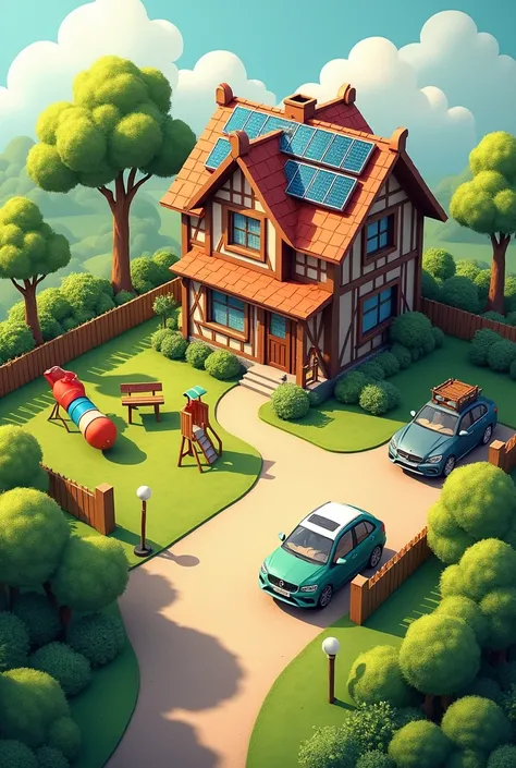  please create a family-friendly plot of land with a house, That in a corner shape is .  In the middle of the plot is a small playground ,  which is fenced by a fence .  Next to the playground is a parking space for cars .  The roof of the house is wrong ....