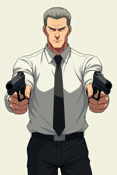 Male anime character, About 40 years old, with short hair packing , Looking cold ,  semi-automatic revolvers wearing black pants and a white long-sleeved t-shirt and tie, and holding two  