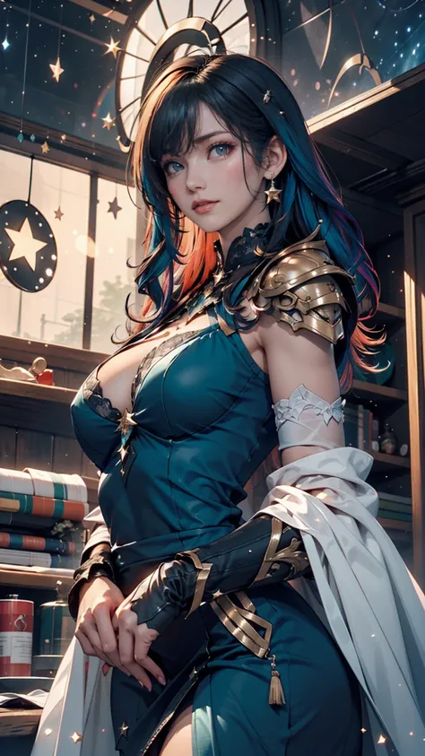  woman with rainbow-colored hair and detailed teal dress armor,  standing with different breasts , レインボーカラーの宇宙star雲背景, star, Milky Way,   intricate details ,  perfect face