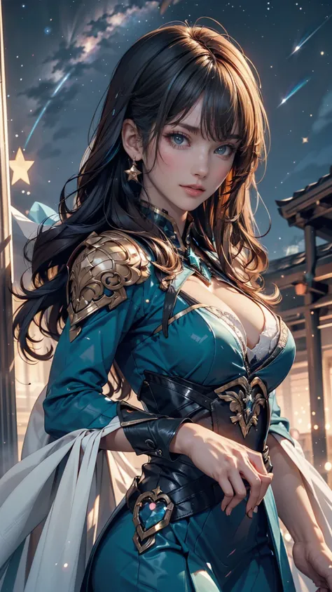  woman with rainbow-colored hair and detailed teal dress armor,  standing with different breasts , レインボーカラーの宇宙star雲背景, star, Milky Way,   intricate details ,  perfect face