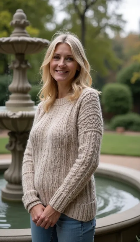 A 36-year-old woman standing nearA garden fountain, dressed inA knitted sweater