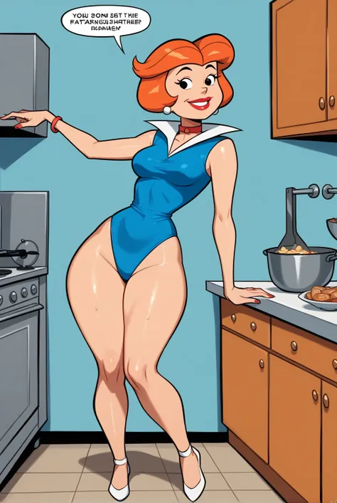 , Jane Jetson (Jetsons),smile,  fair skin ,    Short red hair  , collar,  low-cut light blue swimsuit ,    medium breasts, Dynamic pose,       wide hips   ,    thick thighs   ,     looking at the viewer ,  smile,Alone,  Show your knees  , groin,   Anatomic...