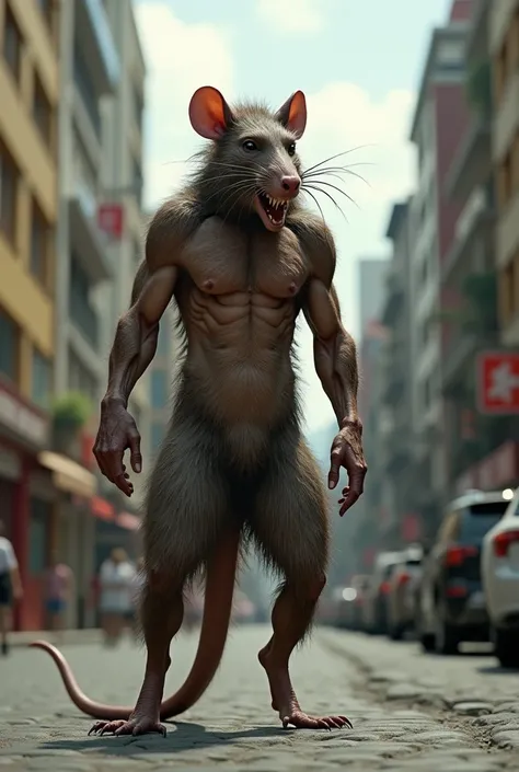  Create an ultra-realistic image of a hybrid man-rat creature,   with a mans muscular body and a rats head and hair and tail , The setting is a street in São Paulo  