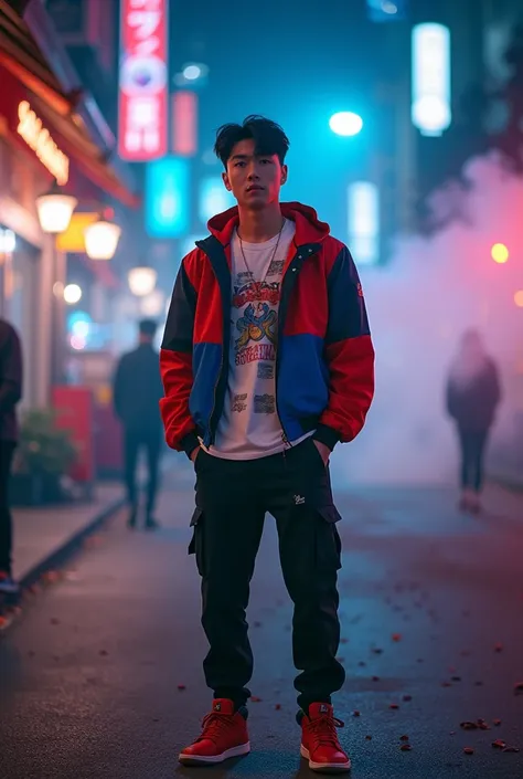 A handsome Korean man faces glowing at night wearing distro t-shirt colorful jacket jeans tear Jordans shoes with sprinkles of black rose flowers on the streets .very noisy atmosphere with thin thin white smoke  