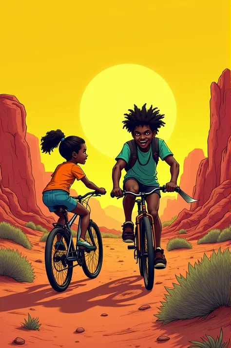 Comic, yellowish and red setting, desert, Lauren a black girl and keith the black brother ride a bike, they come across a crazy homeless guy with a machete