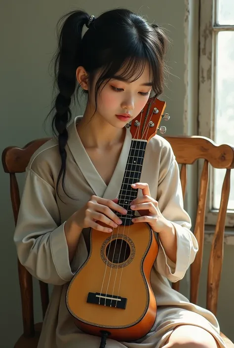  An asian woman, hair in pigtails , sitting on a weathered wooden chair ,  leaning his arm against the ukulele he was padding, 