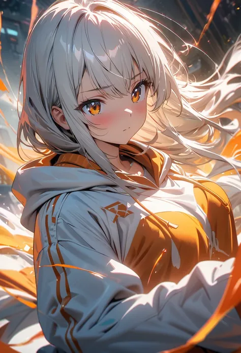 top quality, masterpiece,  high definition , 8k, Anime style girl with hoodie ,  One Girl , Detailed line drawing,  bright white and light amber style, Digital Enhancement,  close, Anime Core, Flowing fabric