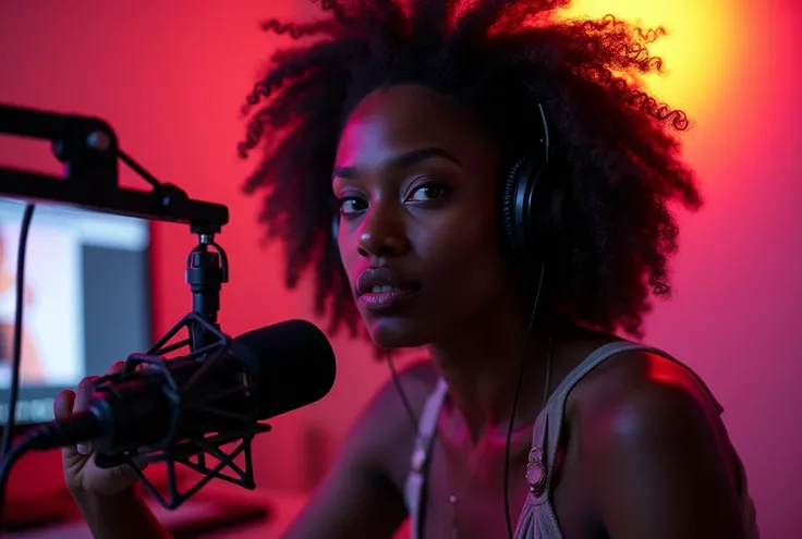 A powerful and striking image of a black lady with earphones on her head sitting in a podcast studio the lighting is ambient with an LGBTQ feel to it