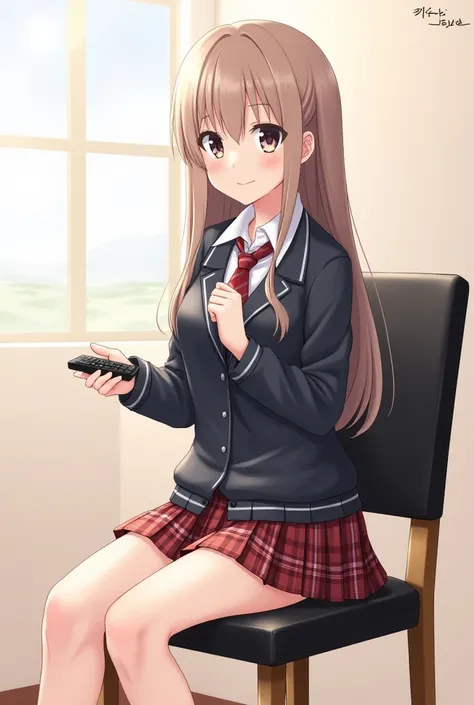 An anime-style illustration of a teenage girl sitting on a dining chair and backrest, black leather with wooden legs. She wears a school uniform that includes a dark jacket and a plaid skirt.,  while holding a black television remote control in her hands ....