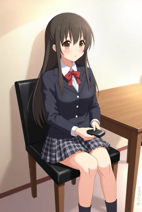 An anime-style illustration of a teenage girl sitting on a dining chair and backrest, black leather with wooden legs. She wears a school uniform that includes a dark jacket and a plaid skirt.,  while holding a black television remote control in her hands ....